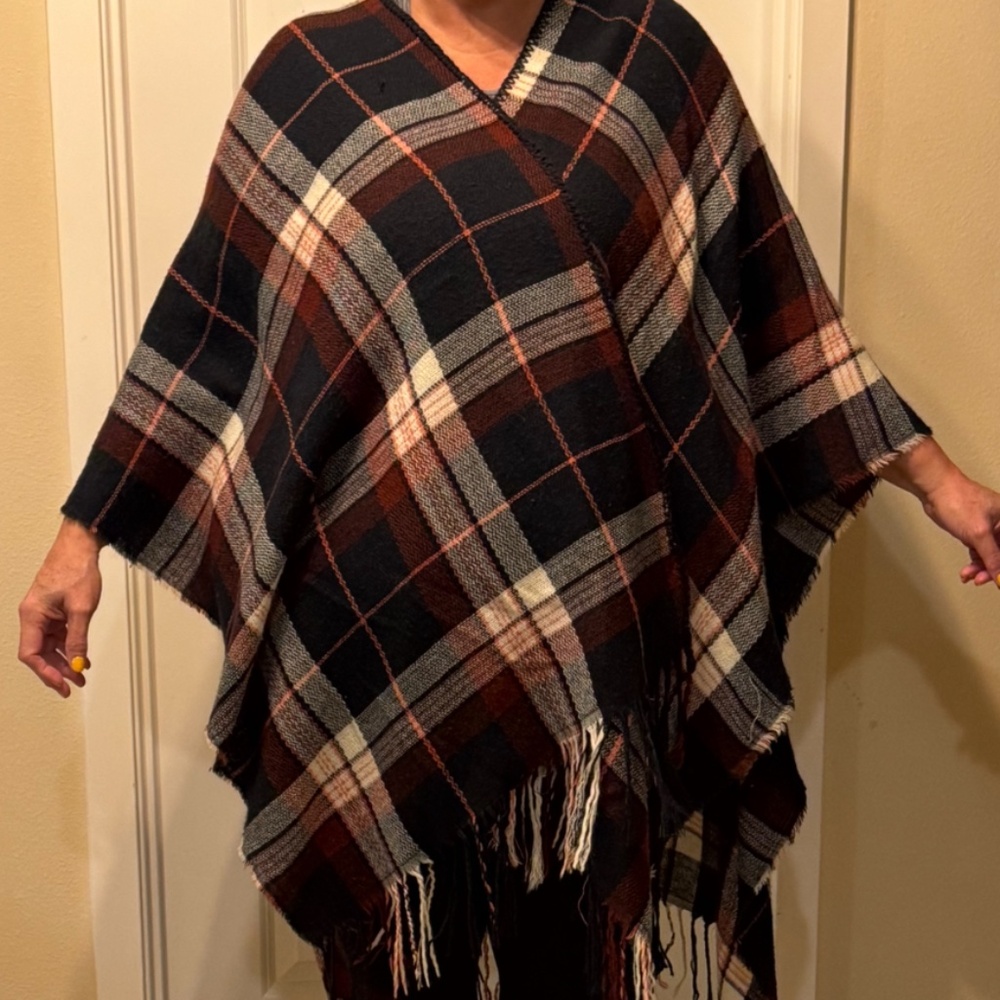 Plaid Fringe Poncho Ruana